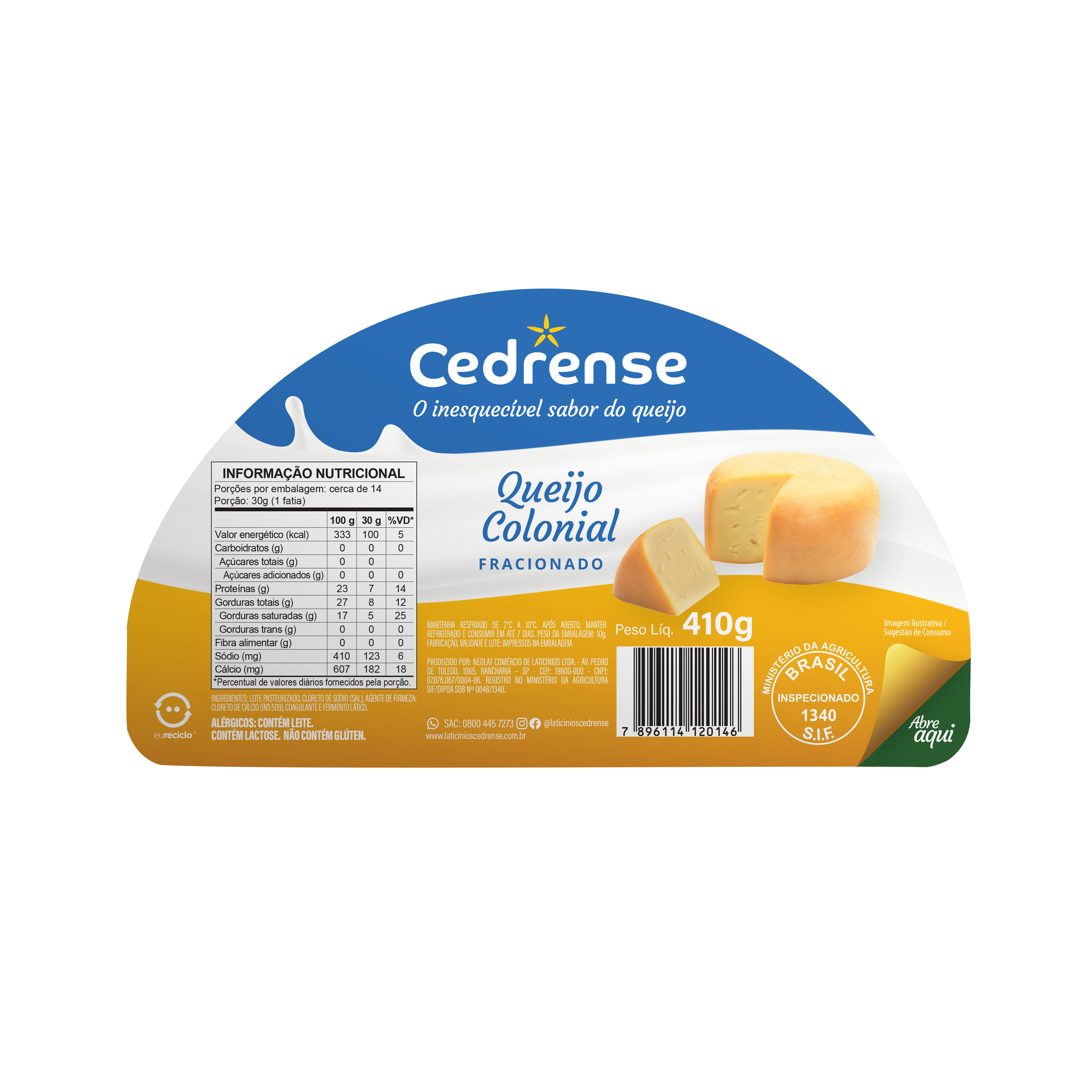 Queijo Colonial Cedrense Fração 410g | Caixa com 20 unidades